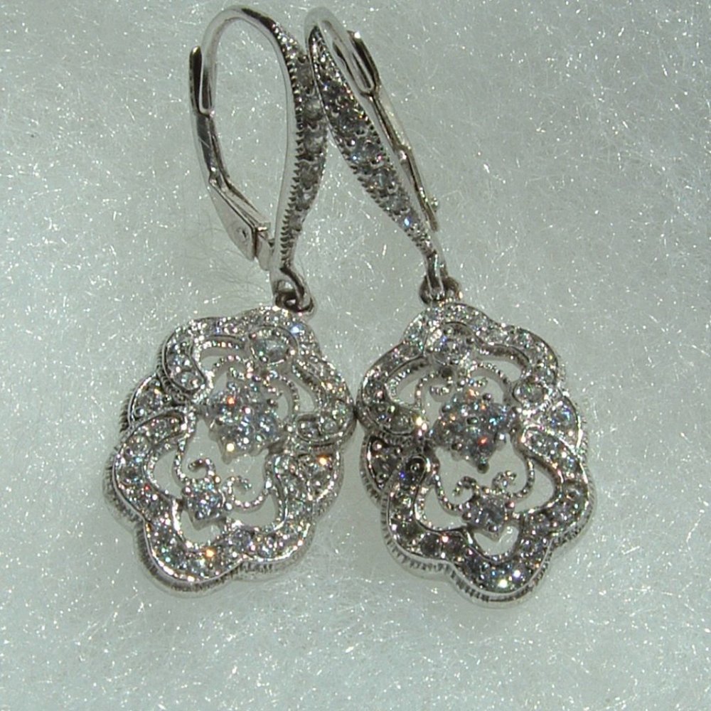 925 Sterling Silver CZ Diamonique Floral Earrings Retro Art Deco Style - Picture 12 of 14